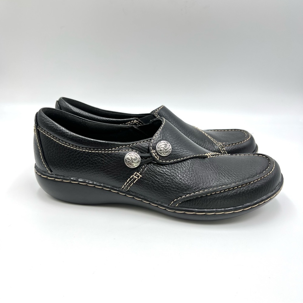 7N 7 N NARROW Clarks Women's Ashland Lane Q‎ Black Leather Slip On Loafers Shoes
